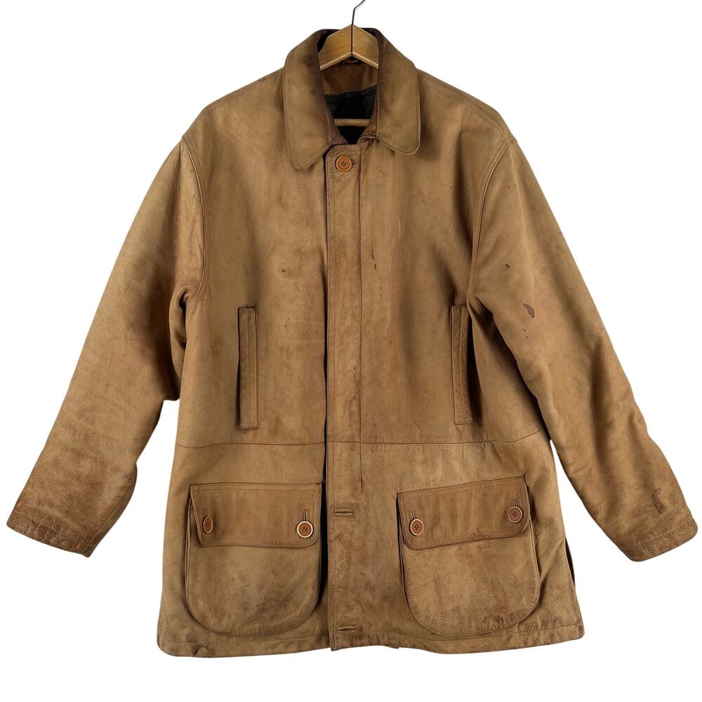 Orvis Mens Leather Field Coat L Tan Brown Barn Jacket Quilted Lined Vintage
